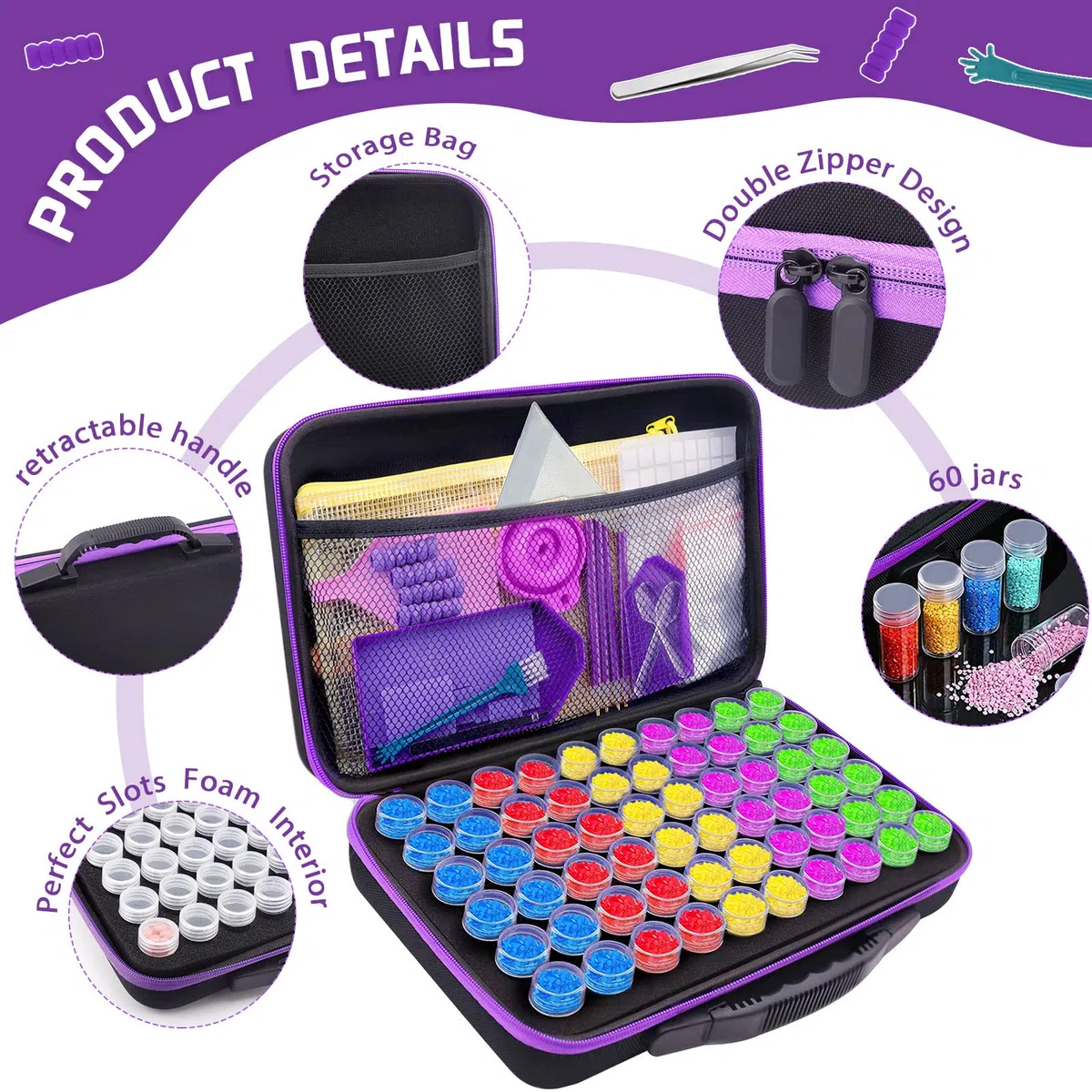Frasheng Contenedores de almacenamiento de pintura de diamante 5D, 60 ranuras, Organizador Portátil, EVA, para Joyas, Manicura de Uñas