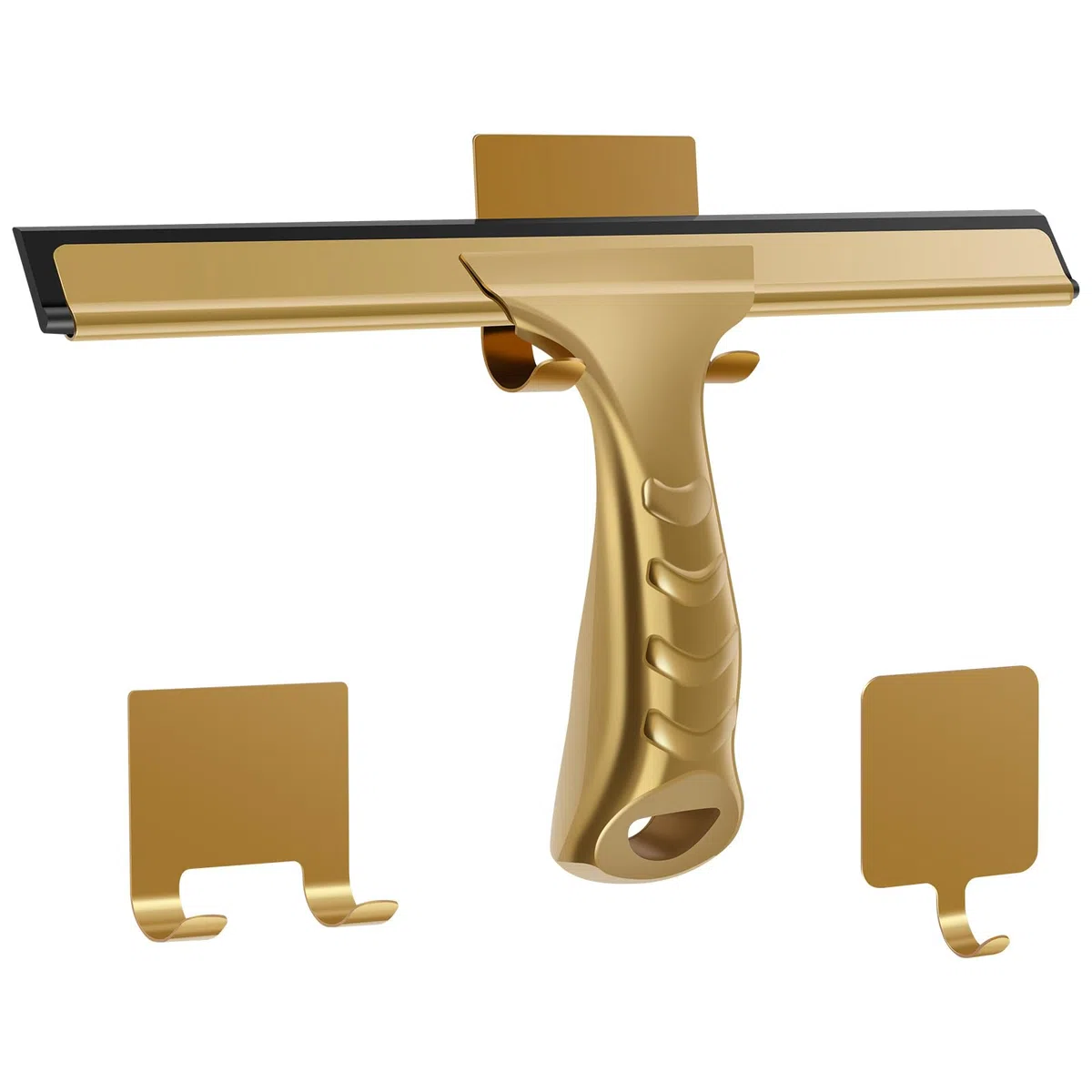 Escobilla de ducha, escobilla de ventana de acero inoxidable, multiusos para puerta de cristal de ducha, espejo, baño, 10 pulgadas, multiusos con 2 ganchos adhesivos/cuadrados para limpieza (dorado)