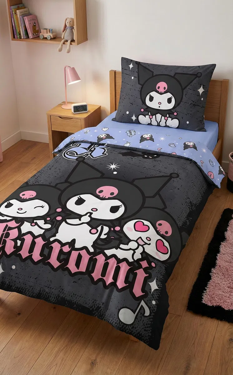 Kuromi Sanrio Funda Nórdica Cama 90 140x200 + Funda Almohada Negro Lavanda | Ropa de cama reversible | Microfibra suave secado rápido Oeko-Tex | Hello Kitty & Friends | Niña | Regalo | Idea regalo