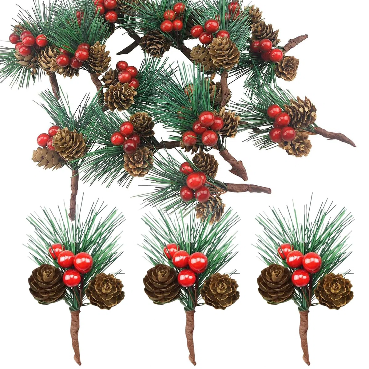 Lote de 20 Ramas de Abeto Artificial con Bayas Rojas y Piñas,Decoración de Navidad,Corona de Adviento,Guirnalda Festiva,DIY y Adornos para Árbol Navideño