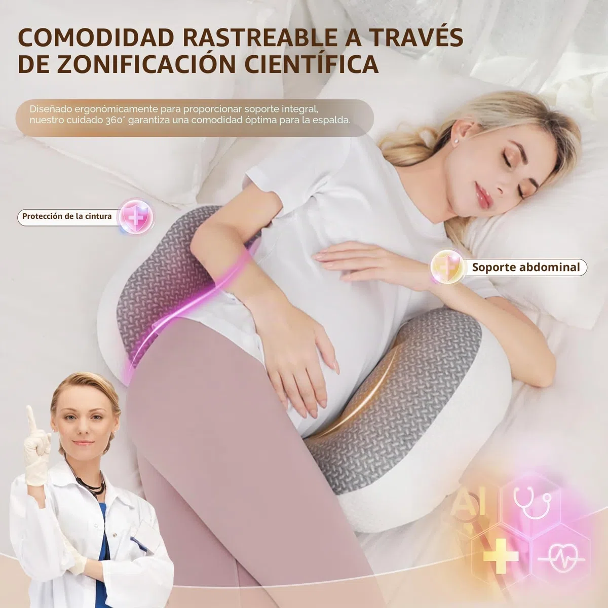 Chilling Home Almohada de Embarazo para Dormir, Almohada para Dormir de Lado para el Abdomen, Almohada Corporal Ajustable y portátil para Mujeres y Dormir de Lado con Funda Transpirable (Gris)