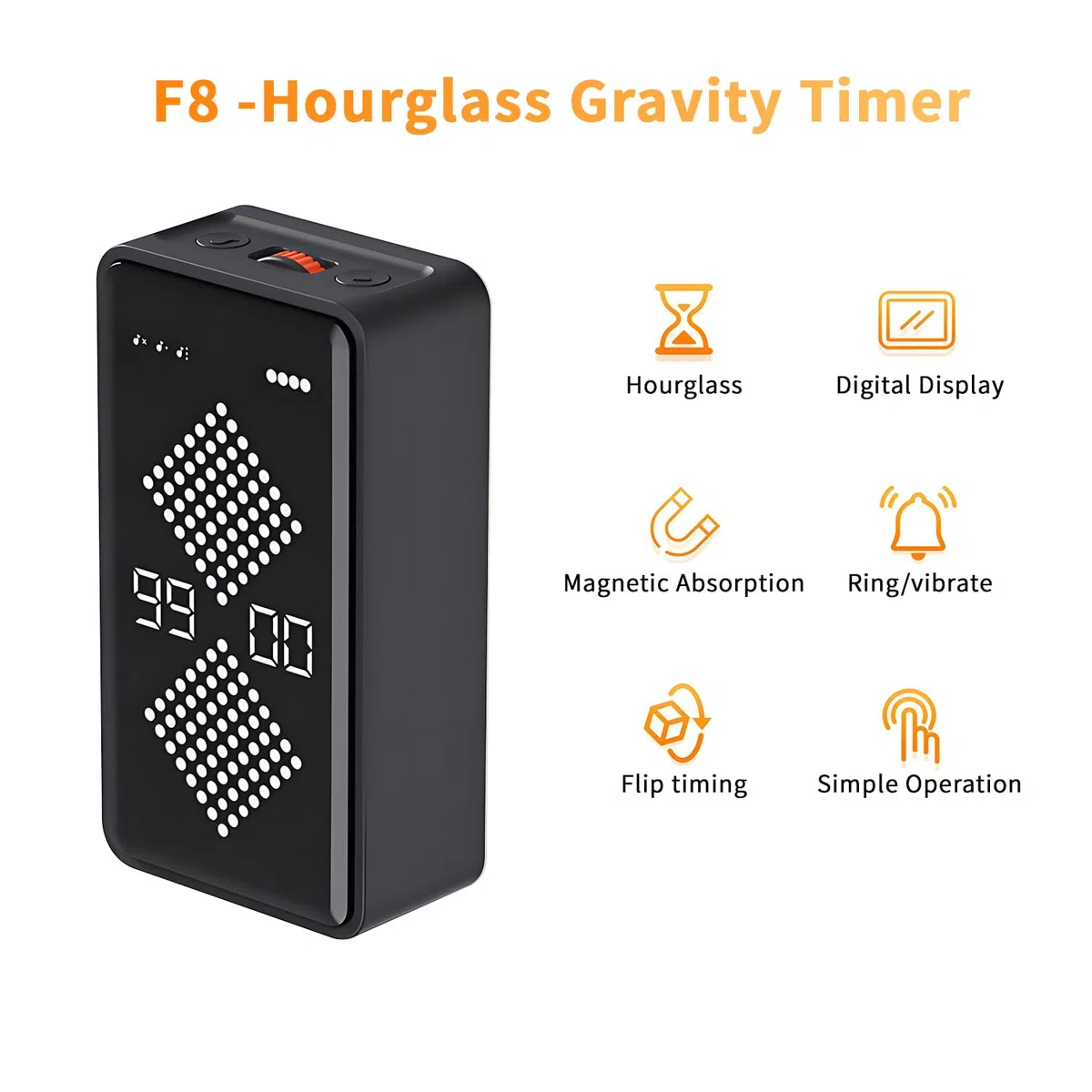 QUMOX F8 Temporizador de Reloj de Arena Digital – Temporizador Volteable con Pantalla LED, Cuenta Regresiva y Cronómetro, Silencioso, Magnético, Recargable, para Estudio, Cocina y Oficina (1–99 Minuto