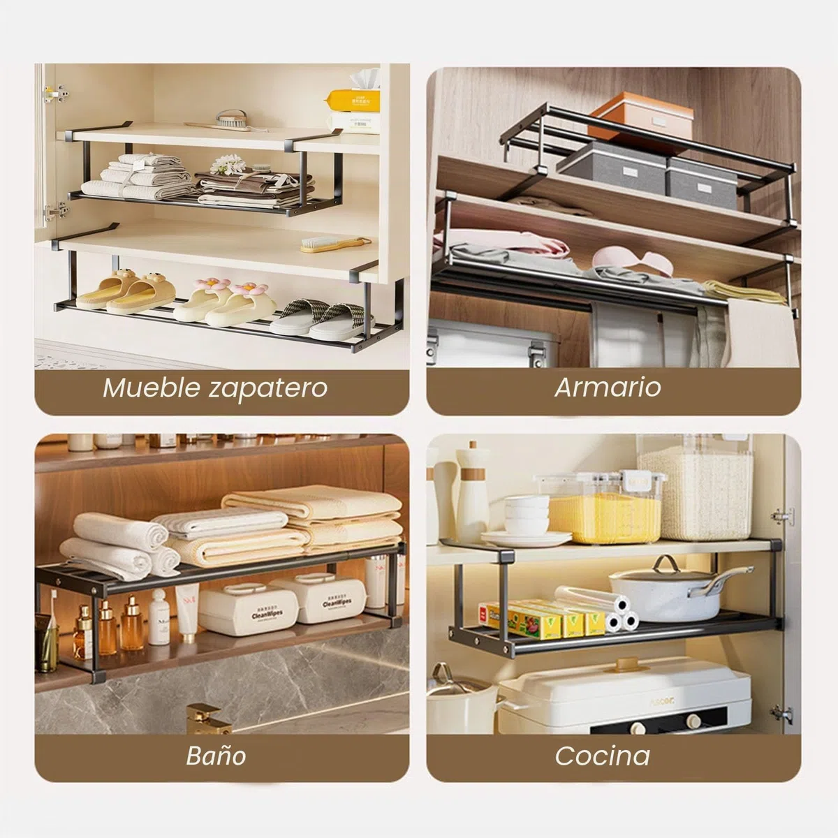 ViWaVee Organizador Zapatos Extensible (40-70 cm) - Soporte Colgante Ajustable para Armario, Zapatero, Cocina y Baño - Negro 1 Capa