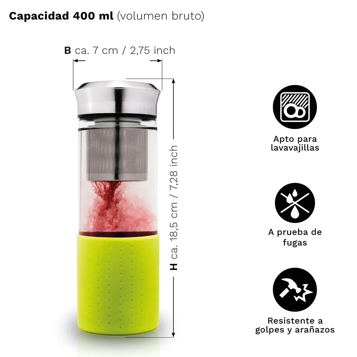 Creano Teamaker Tetera Nómada de Vidrio de Borosilicato 400ml con Filtro de Acero Inoxidable y Funda de Neopreno Hermética – Verde