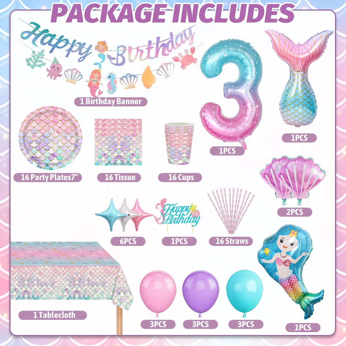 Sirena Vajilla y Decoraciones para Fiesta de Cumpleaños - 3 Años - Juego de Vajilla, Globos Decorativos para Niña - 16 Invitados