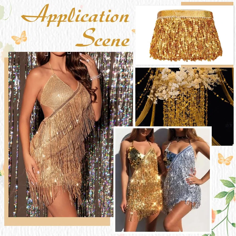 MAYJOYDIY Flecos con lentejuelas doradas de 10m, 17 cm de brillo, borla con lentejuelas para coser, decoración de lentejuelas para vestidos latinos, trajes de escenario, manualidades, decoración de
