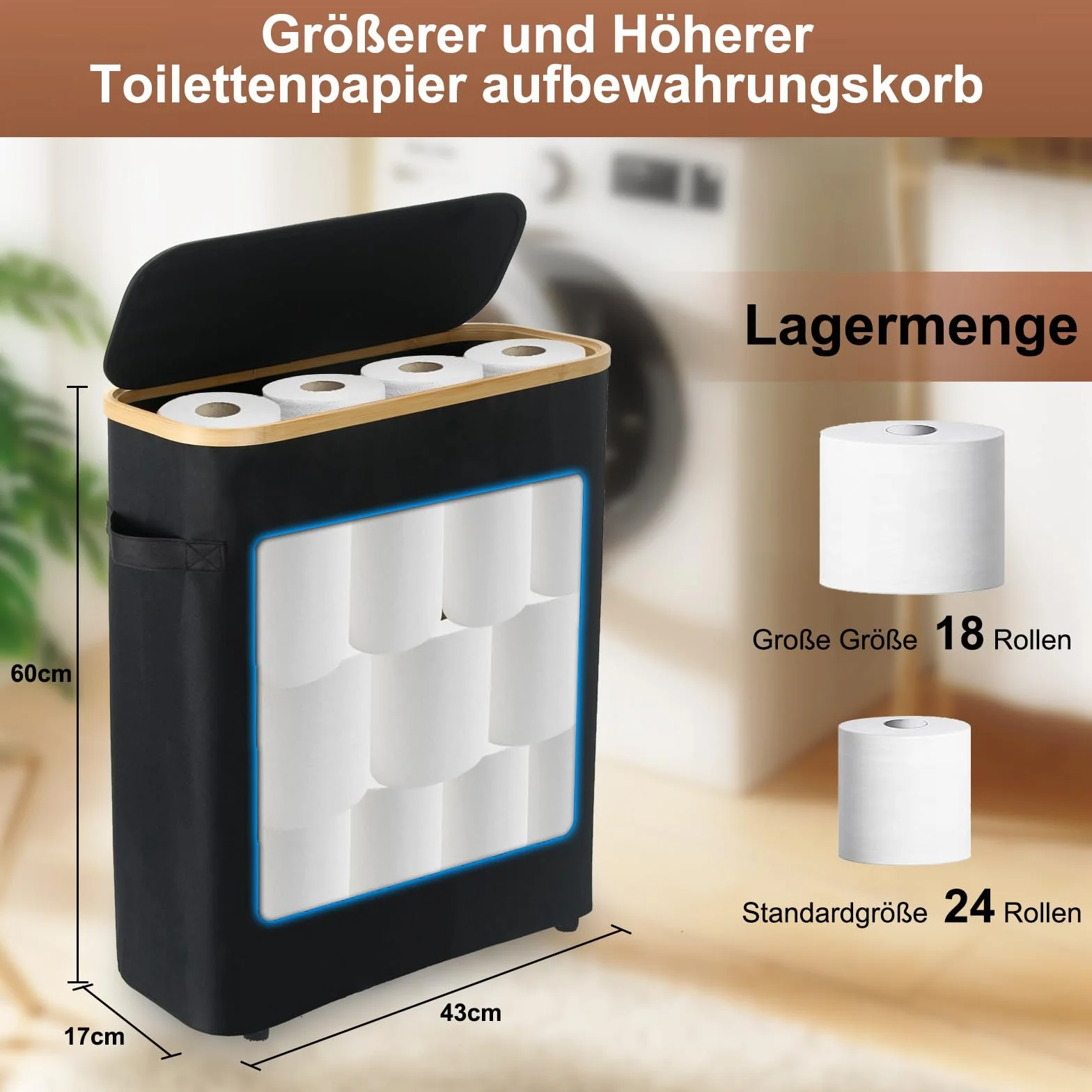 45L - Cesta de almacenamiento de papel higiénico con tapa, grande, color negro, resistente al agua, para 18 a 24 rollos, organizador de papel higiénico de bambú