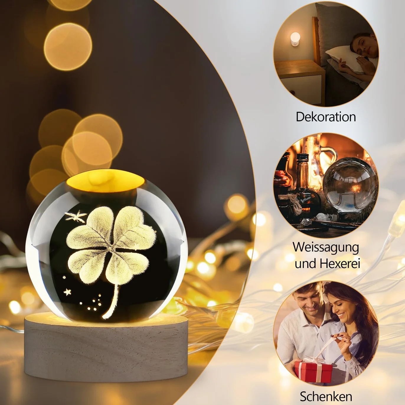 Bola de cristal de 60 mm, trébol de cuatro hojas, amuleto de la suerte, piedras de la suerte, pisapapeles, bola de cristal, decoración de bolas de cristal, pequeños regalos