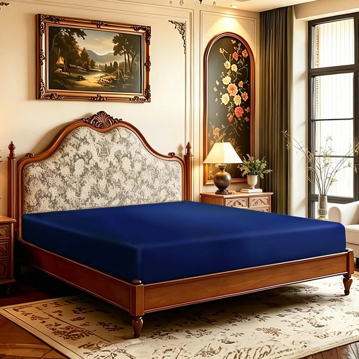 Lirex Sábana Bajera de Satén 100x200cm, para Colchón de hasta 35 cm de Altura, Ropa de Cama de Satén de Poliéster, Lujosa y Suave, Azul Marino