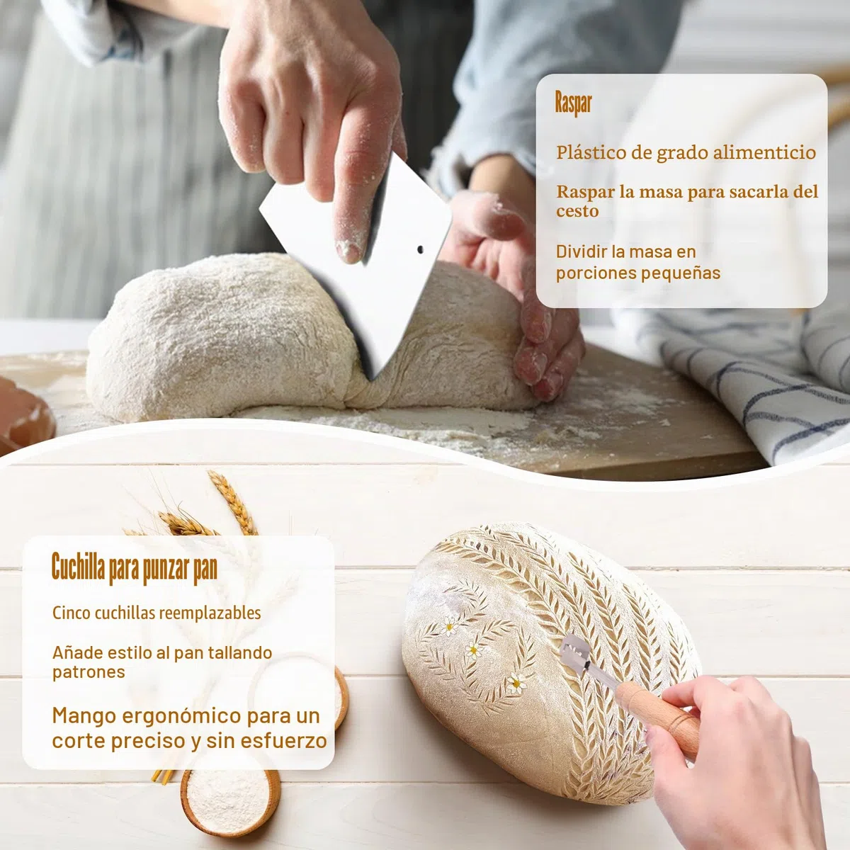 Banetones para Pan Ovalado 28cm para 700g Masa, Set Cesta Pan Hecho Mano Ratán con Lino, Tapas, Raspador, Cuchillo Lame, Cesta de Fermentación de Iniciación Perfecto