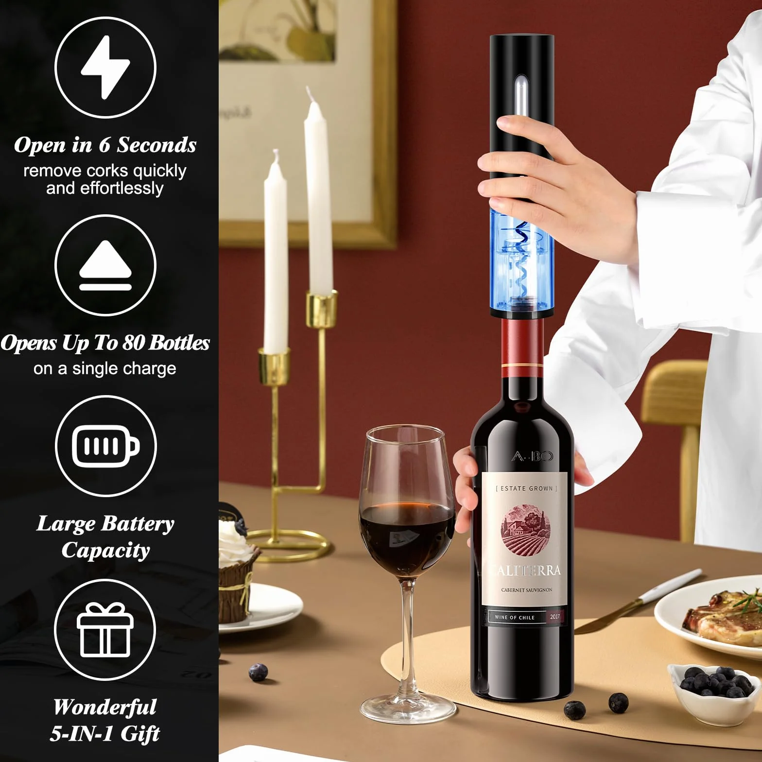 Philorn Abrebotellas de vino eléctrico, sacacorchos eléctrico automático, regalo para el hogar, fiesta, bar, al aire libre (abridor de vino eléctrico)