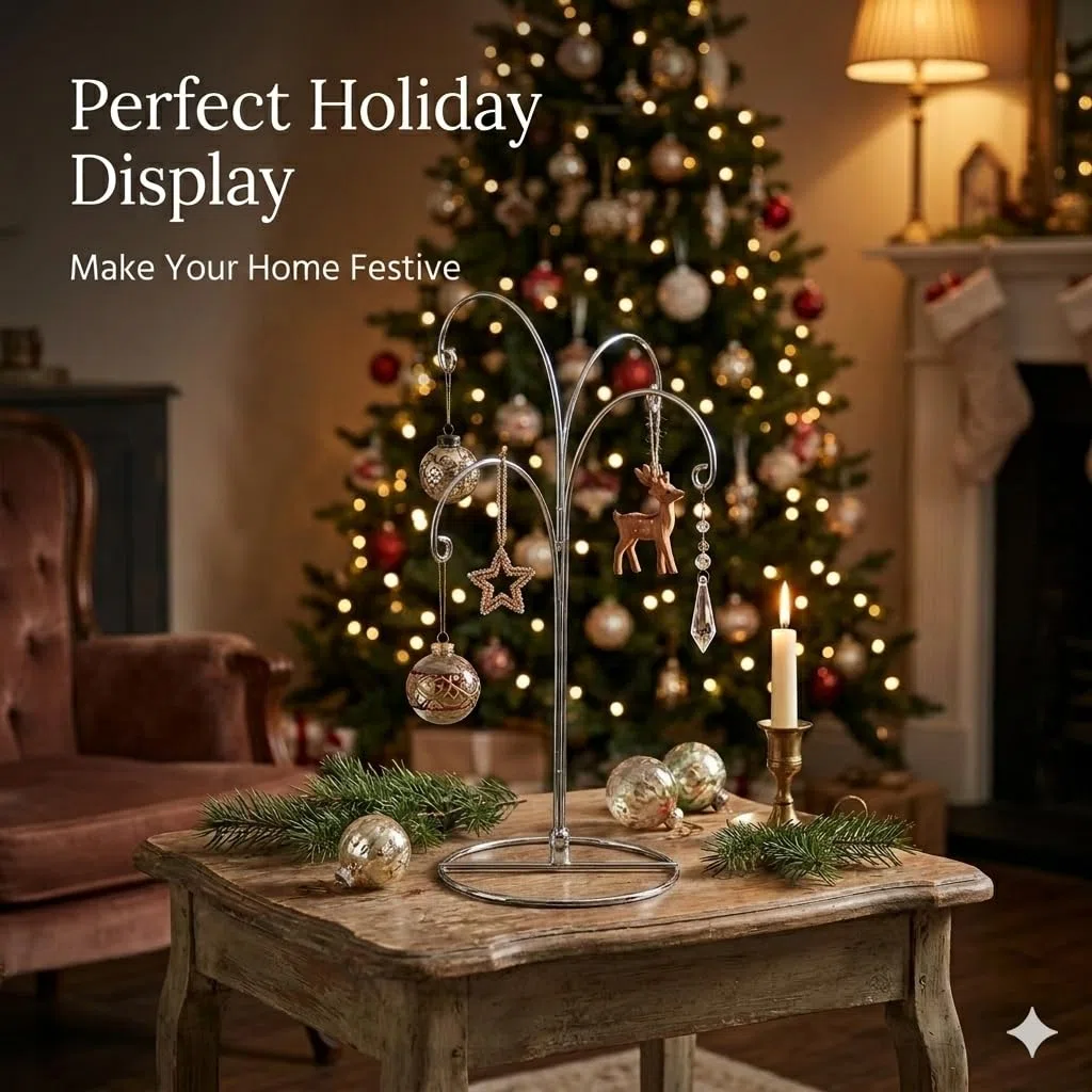 HOHIYA Soporte exhibición adorno 30 cm 4 brazos gancho hierro plata Ideal para bolas de Navidad adornos colgantes y decoración festiva 2 unidades