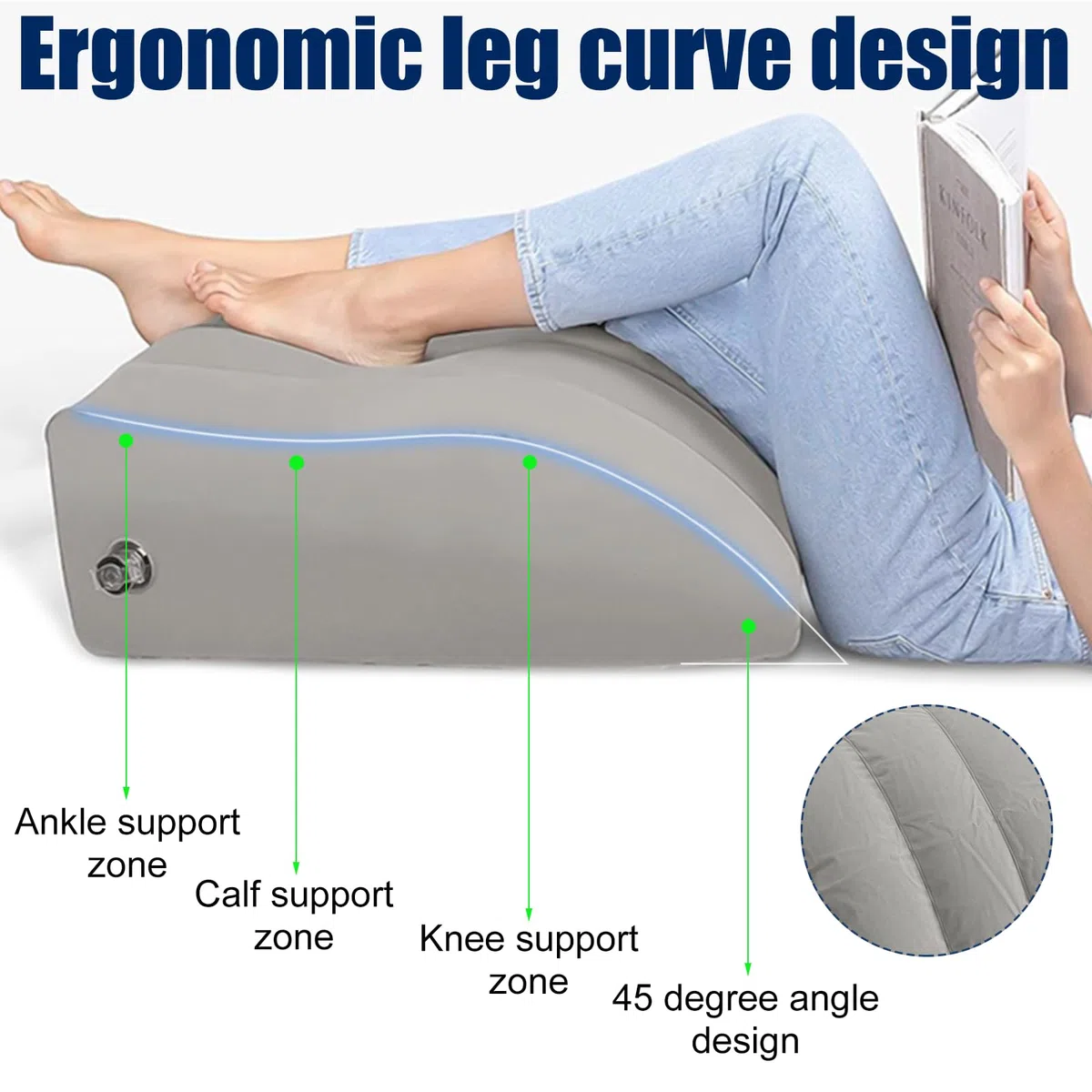 65x 50 X 25 cm Almohada de Cuña Inflable Portabilidad Cojín Reposapiernas Confort Elevar Piernas Cansadas Almohada de Soporte de Cuña para Piernas, Mejora la Circulación Sanguínea y Mejorar el Sueño