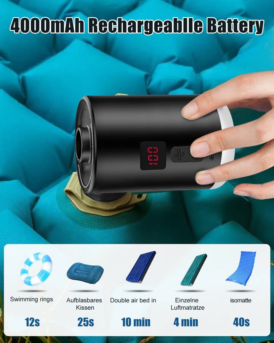 Bomba de Aire Eléctrica 4000mAh Batería Recargable con 3 Boquillas, Inflador Eléctrico Portátil, con Fuente de Luz, se Puede Colgar, Adecuado, para Barco Inflable Piscinas Colchones de Cama, Inflador