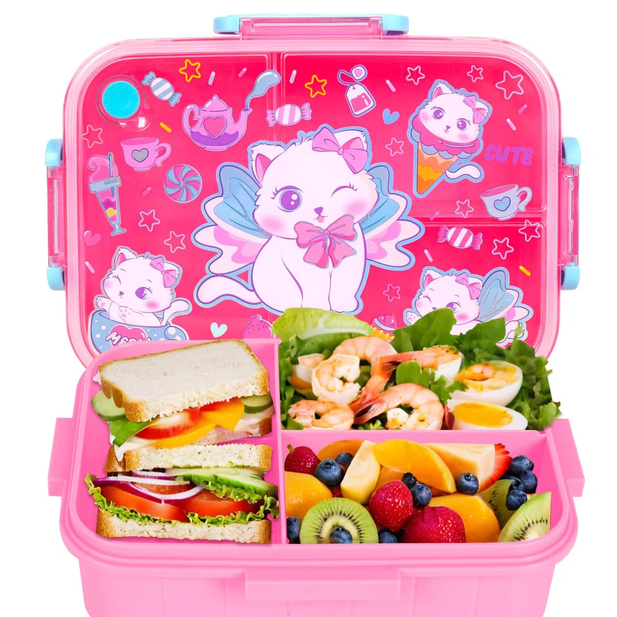PinkSheep Loncheras Bento para niños, 1200 ml, sin BPA, a prueba de fugas, con 3 compartimentos para niños y niñas (gato)
