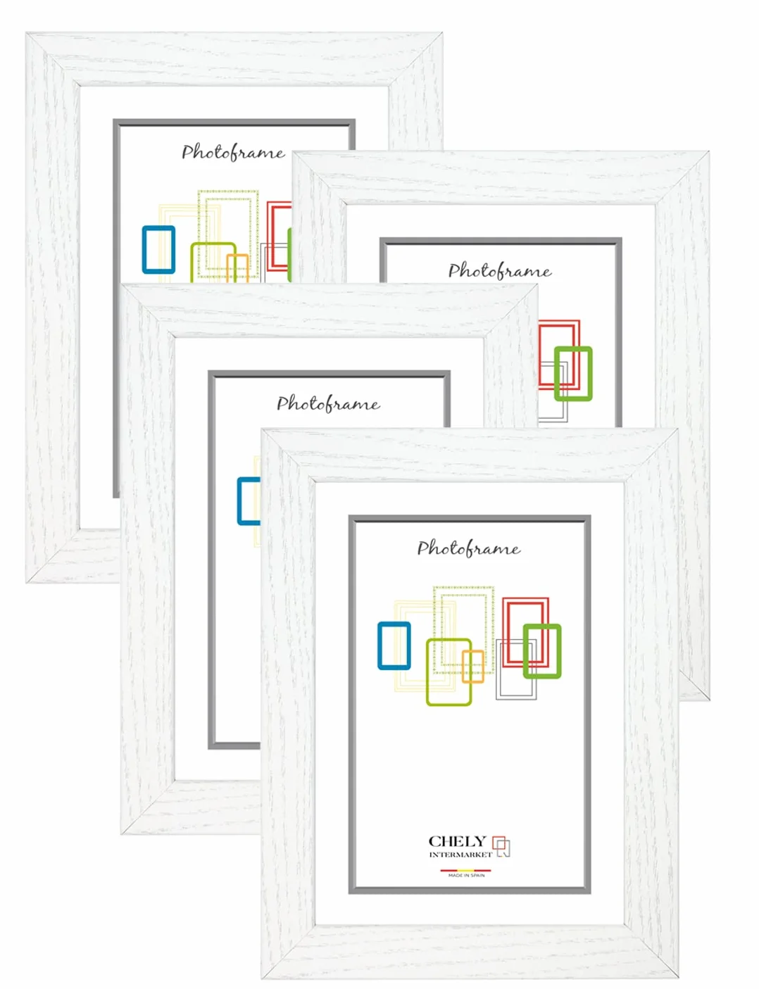 CHELY INTERMARKET, Marco de fotos de madera MOD-254 (Pack 4 unds), hecho madera sólida, grosor de molduras de 2 cm. (Blanco, 15x20 cm)