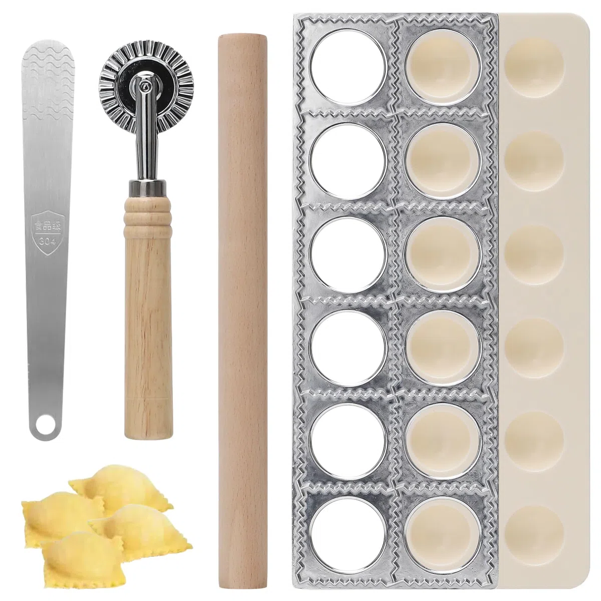 4 unidades de raviolis de aluminio con 12 agujeros, moldeador de bolas de masa con rodillo de madera para hacer raviolis, espátulas de carne para raviolis, albóndigas