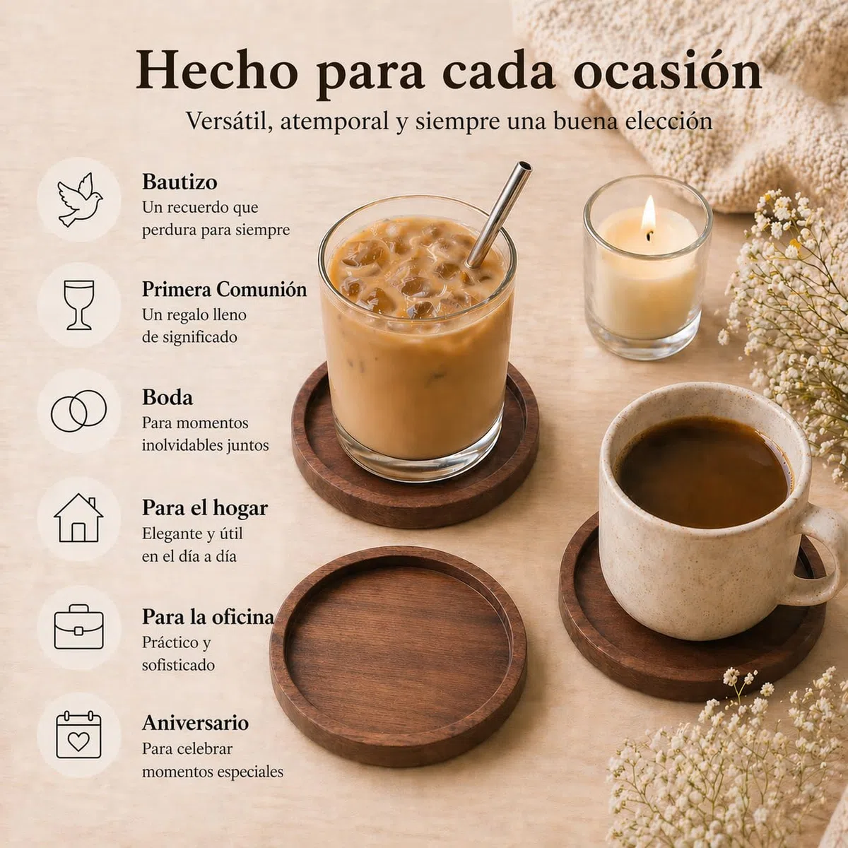 Sabai'ly - 2 Portavelas Elegantes de Nogal sostenible - Ø 10 cm ⇧ 1.3 cm (Borde Recto) - Platos y Soportes para Velas y Posavasos Decorativos, Toque cálido para tu hogar, Candelabros de Madera