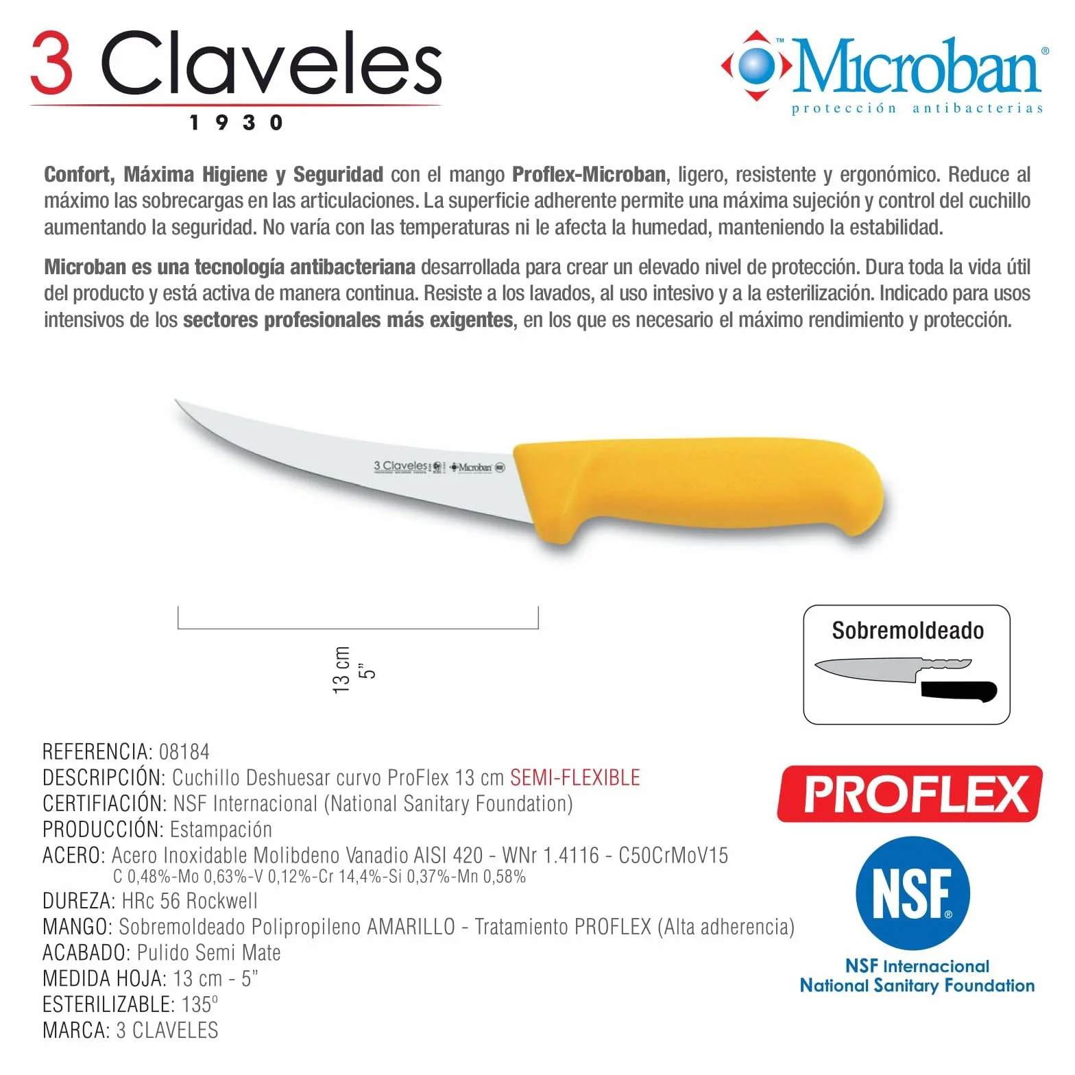 3 CLAVELES 8184 Cuchillo deshuesar semi-flexible curvo Proflex acero inoxidable amarillo 13 cm