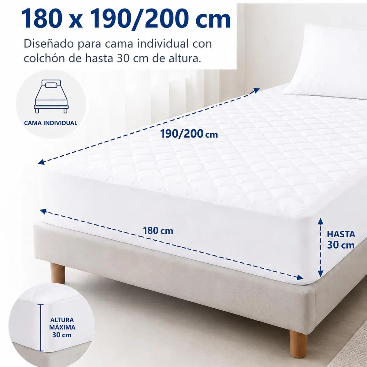 Protector Colchón Acolchado Impermeable 180x190/200 cm, Cubrecolchón con Relleno de Fibra, Transpirable, Silencioso y Ajustable hasta 30 cm, Suave, Antiácaros y Lavable