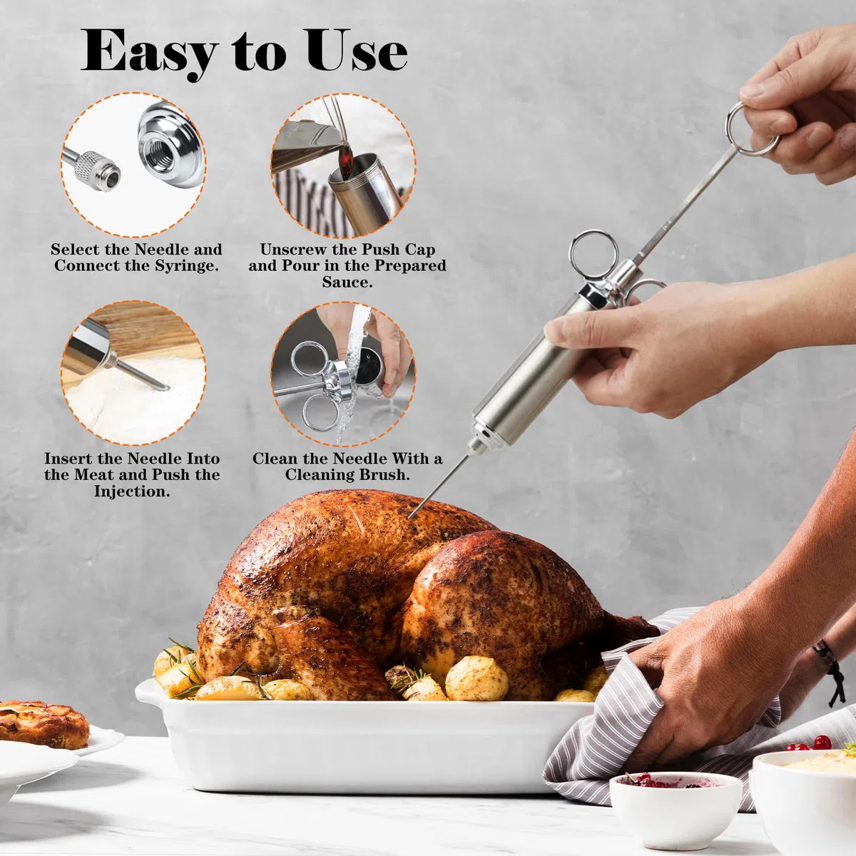 Jeringuilla Cocina 60ml, Jeringa de Cocina de Acero Inoxidable, 3 Agujas y 2 Cepillos de Limpieza, Inyector Salsas, Fácil de Cargar Salsa, para Cocinar en Casa y Hacer Barbacoas