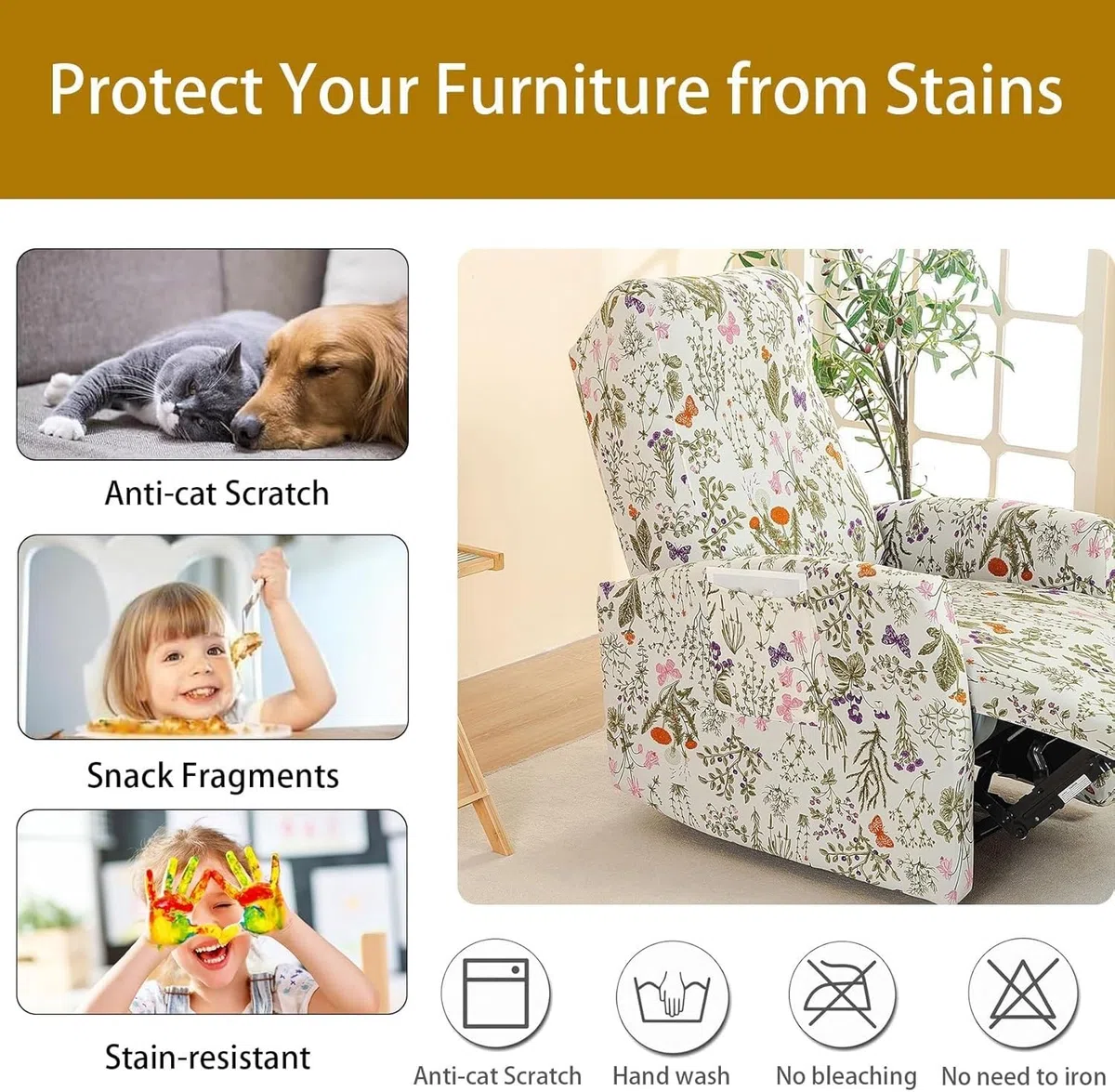 Funda De Sillón Relax Elástica para Reclinable, Impermeable 4 Piezas con 2 Bolsillos Laterales, Antideslizante Extraíbles Lavables Fundas Protector(A-6,1 Set)