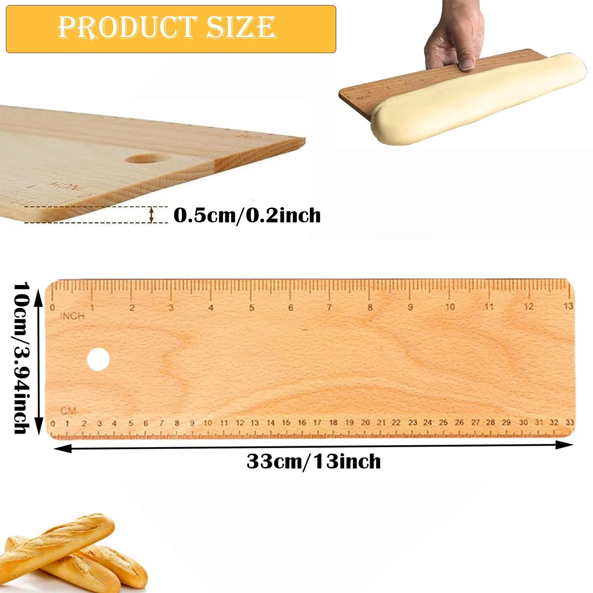 Tabla de Voltear Pan, Hornear Cáscara de Transferencia Simple, Tabla de Transferencia para Baguette, Sartén de Madera para Baguette, para Pan Francés, Galletas, Pizza, Pasteles, Masa(33*10*0.5 cm)