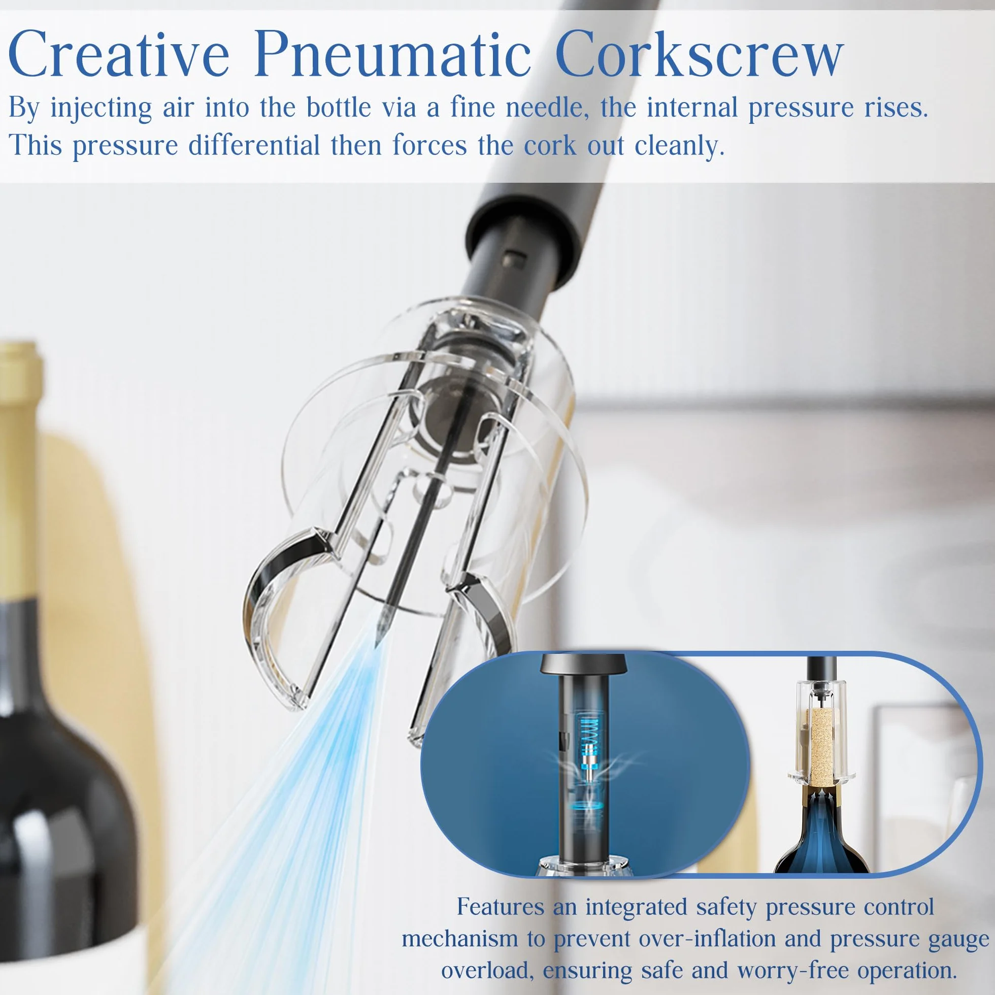 Set de Sacacorchos de Aire a Presión, Incluye Corta Cápsulas, Bomba Vacio Tapon, Vertedor y Base, Abridor de Vino Profesional Funcional, Regalo Ideal para los Amantes del Vino Navidad