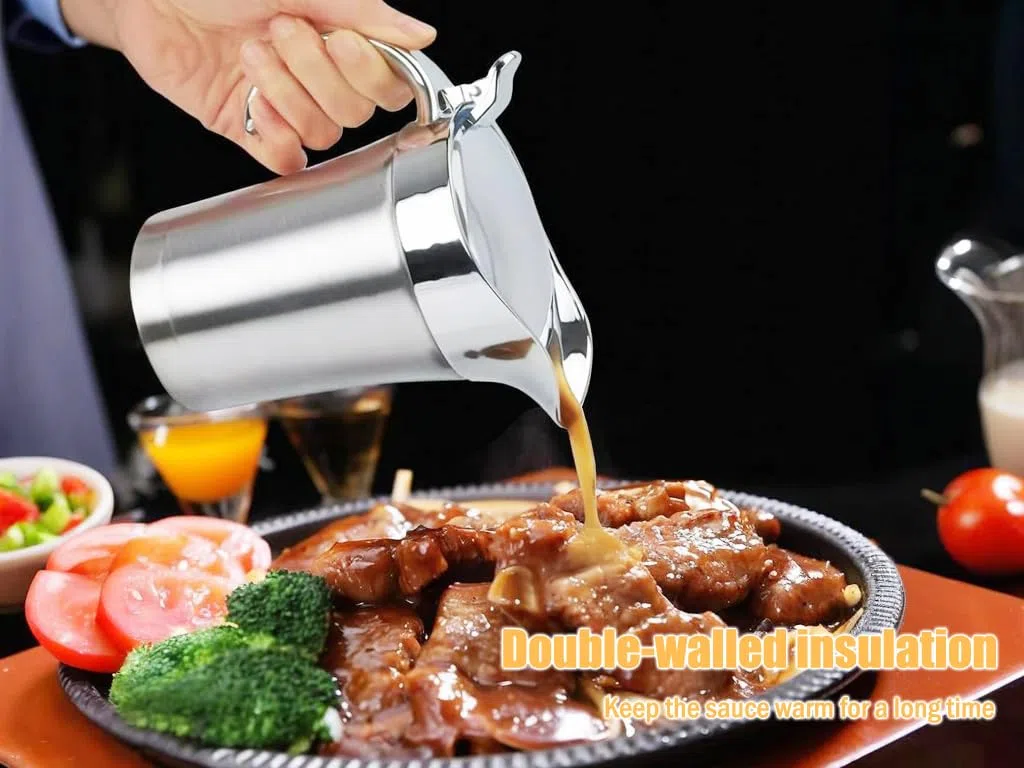 Salsera térmica de acero inoxidable, 750 ml, salsa térmica con tapa, jarra de salsa de doble pared de acero inoxidable, elegante jarra de salsa plateada para salsa, crema, mostaza, mayonesa