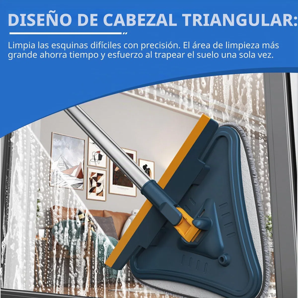 Mopa de limpieza triangular de 360 grados, fregona de azulejos y pared, limpiador de ventanas con mango largo, fregona giratoria ajustable y multifuncional, para