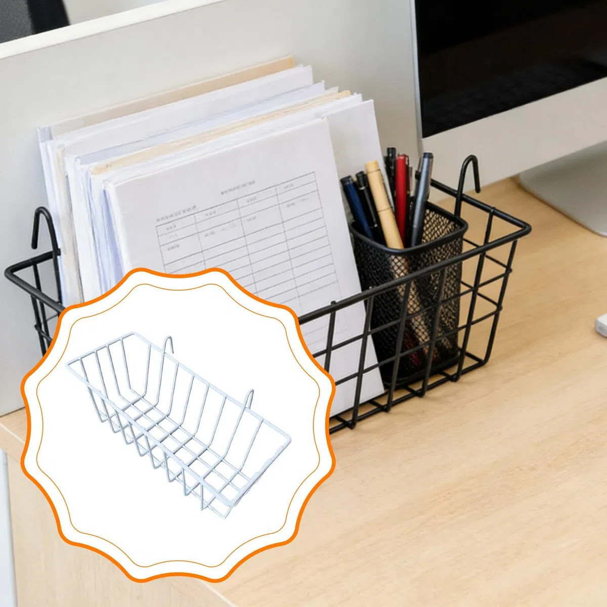Cesta de Almacenamiento Colgante Hecha de Alambre de Metal, Organizador de Pared con Ganchos, Construcción de Hierro, Adecuada para Cocina, Despensa, Blanco, Individual