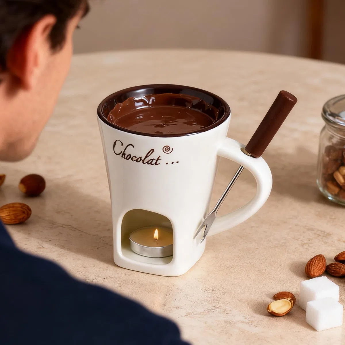 Juego de taza de fondue de chocolate con tenedores de cerámica, calentador de mantequilla, kit portátil de taza caliente para derretir queso para dulces y fiestas de caramelo