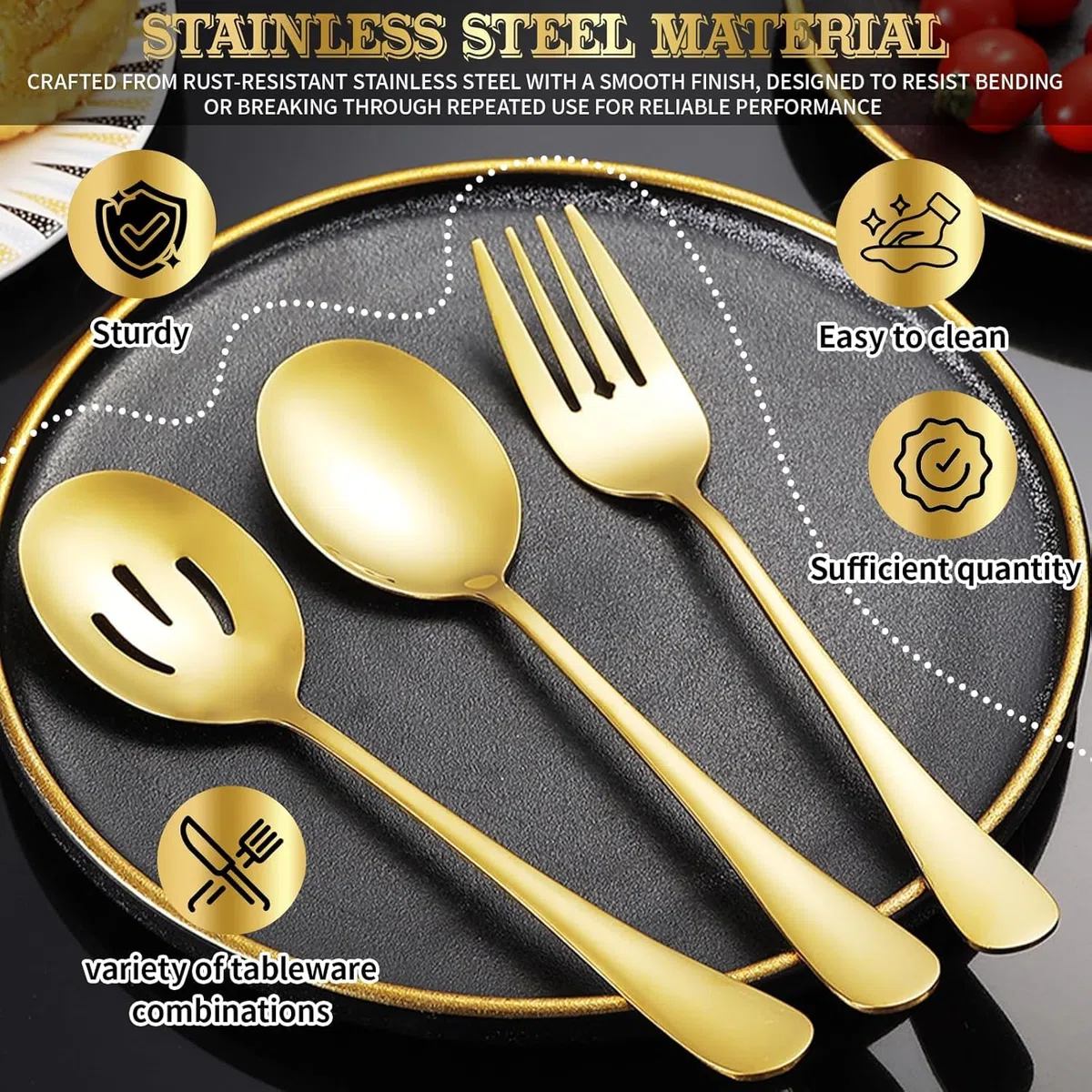 LATERN 10 Piezas Juego de Utensilios para Servir, Acero Inoxidable Cubiertos Incluye Cuchara Grande Cuchara Ranurada Tenedor Pinzas Sopa Cucharón- Navidad Regalo para Esposa y Madre (Dorado)