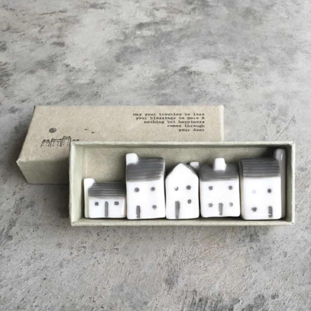 East of India Porcelain Mini Houses Gift, Street in a Box, Inspirational Keepsake Gift, Boxed Thinking of You Gift, Happiness Gift, Small Porcelain Houses
