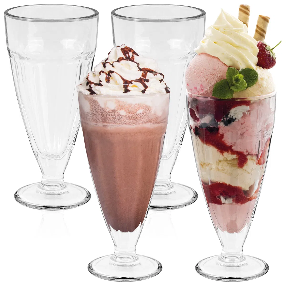 HEFTMAN Juego de 4 vasos altos de 350 ml para batidos de helado, vasos retro Knickerbocker Glory, aptos para lavavajillas, vasos transparentes (4 piezas)