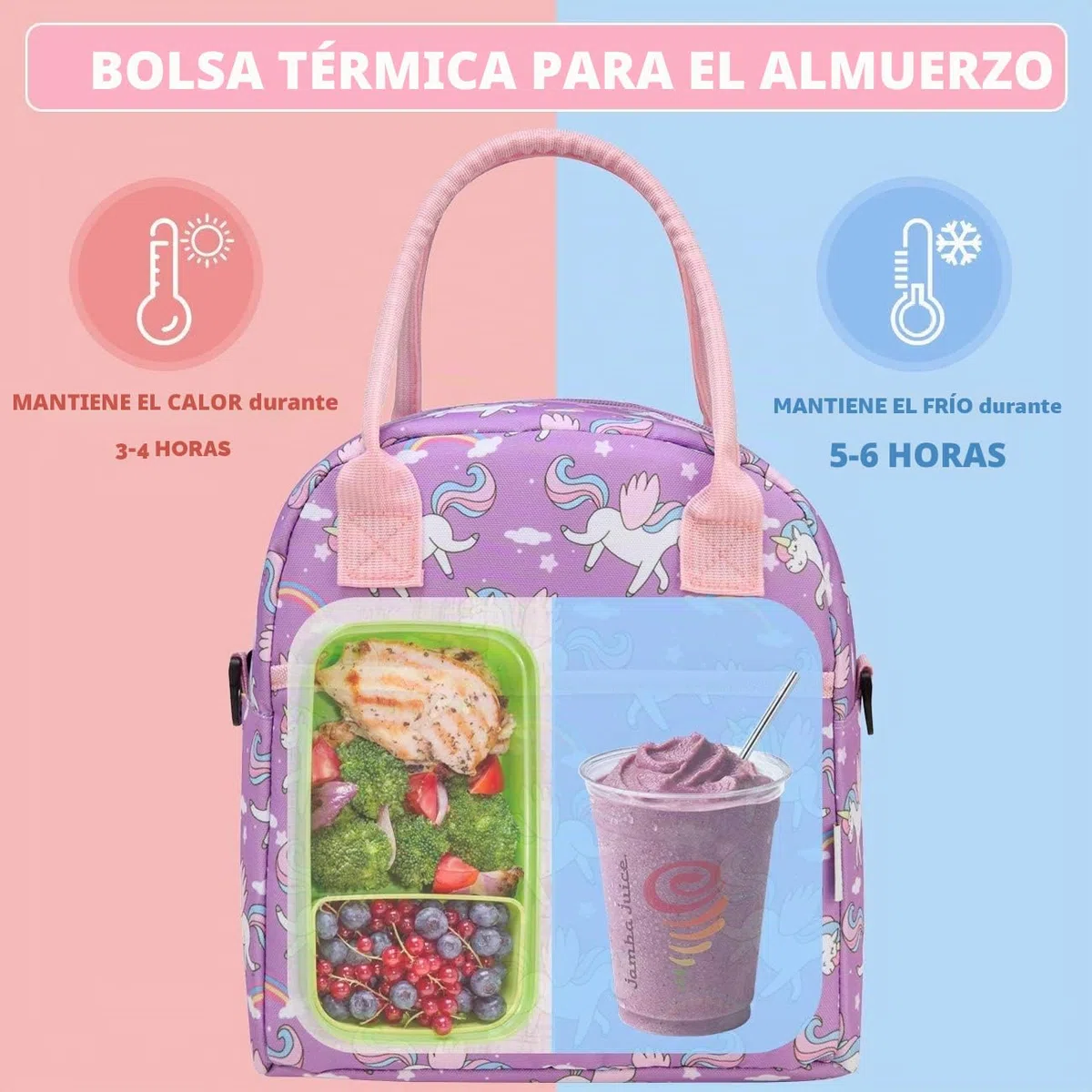 VASCHY Bolsa Almuerzo Infantil, Bolsa Termica Porta Alimentos para Niñas Bolsa Merienda Infantil Bolsa Termica Comida 8.2 Litros para la Escuela con Asa y Correa Desmontable, Unicornio