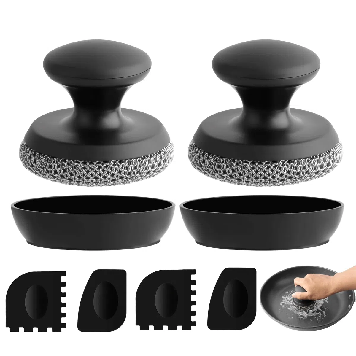 2 Piezas Cepillo Limpieza para Sartén Hierro Fundido, con 2 rascadores, para Limpieza de sartenes de Hierro, ollas, sartenes, Parrillas (Negro – 2 Unidad)