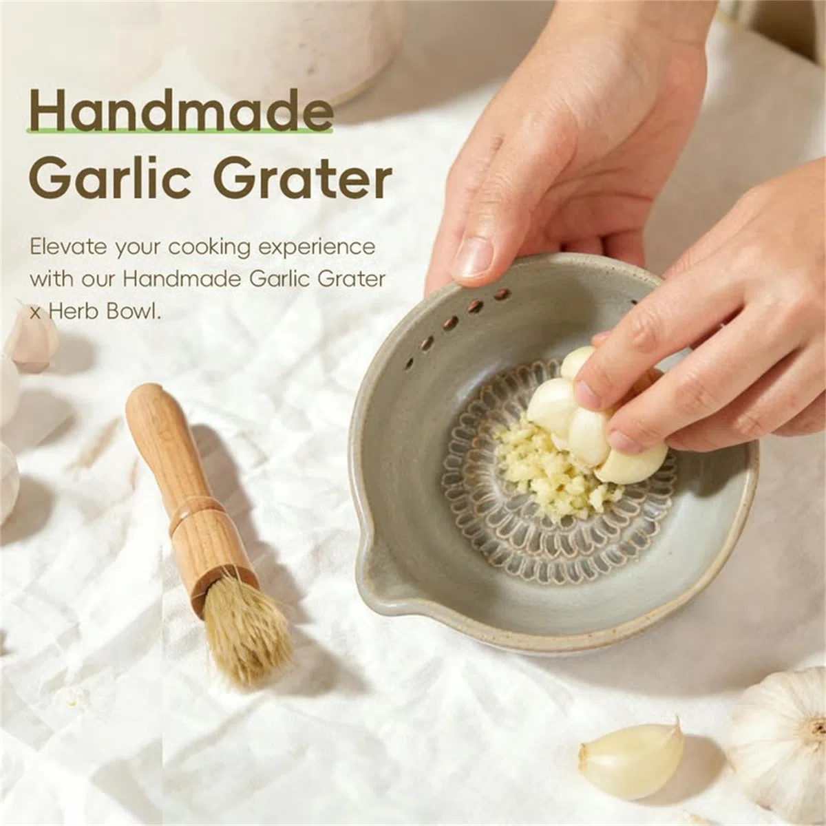 Handmade Garlic Grater X Herb Bowl,2-in-1 Multi-functional Ceramic Kitchen Prep Tool,Efficient Stoneware Herb Stripping Tool with Drainage Port for Fresh Garlic Herbs Lemon (1)
