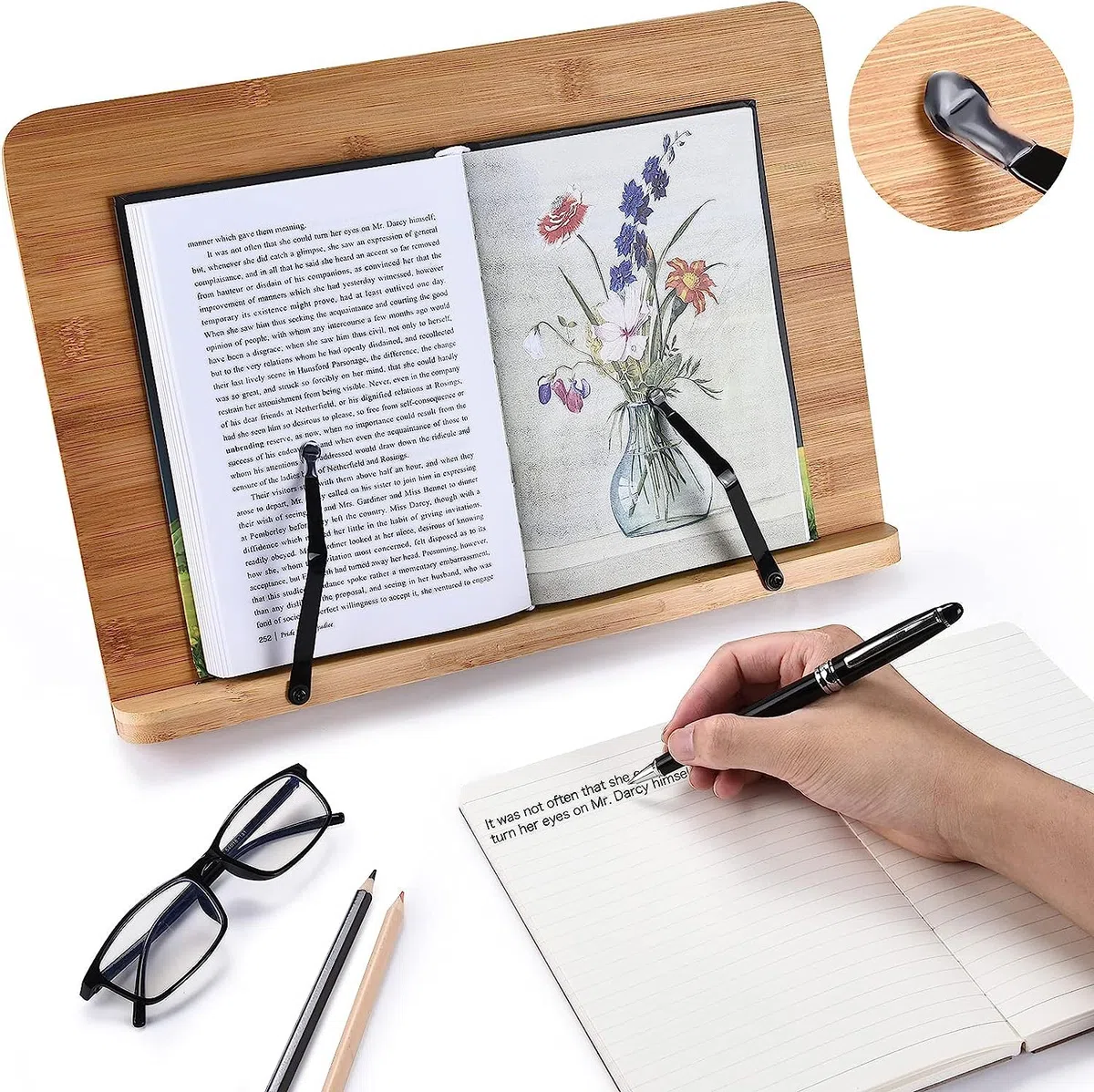 Soporte de madera para libros y libros de cocina con ángulos ajustables para leer las manos libres, soporte para libros de cocina resistente con clips de papel, libros de texto (34 x 23,9 cm)