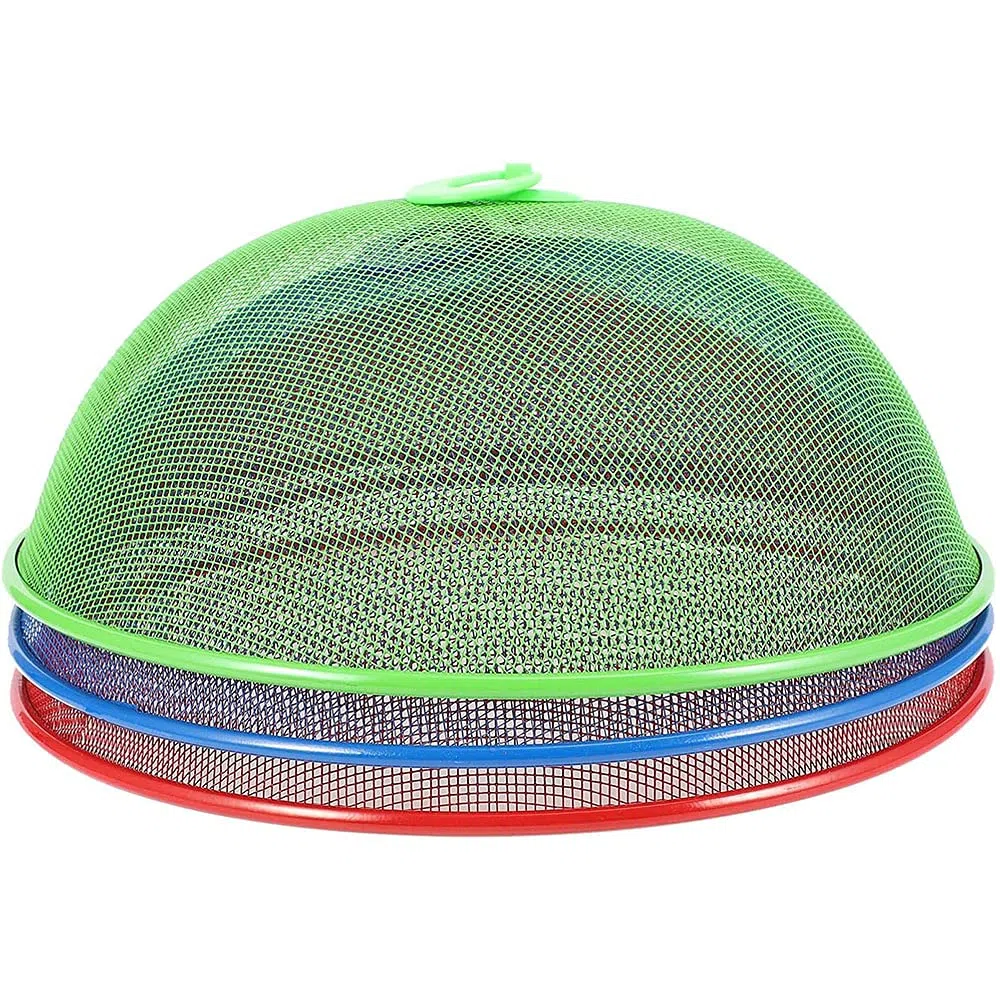 3 Piezas Protector de Cubierta de Comida, Cubierta Malla Domo Alimentos, Cubierta Comida Malla Metálica, Cubierta Malla Acero Inoxidable Reutilizable con Asa, para Cocina, Picnic (3 Colores)