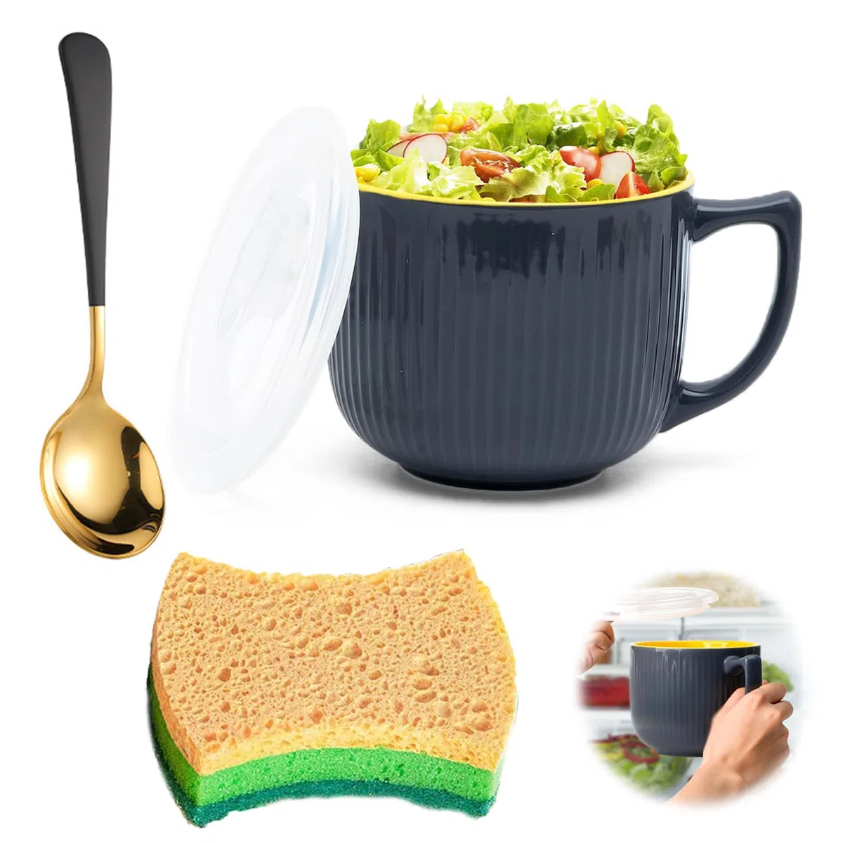 Café de Cerámica de 900ML Tazas, Tazas de Sopa con Asa, Cuencos de Cerámica con Tapa, Taza Grande de Sopa de 900ML, con Cuchara y Cepillo de Esponja, para Microondas, Lavavajillas(Gris Oscuro)