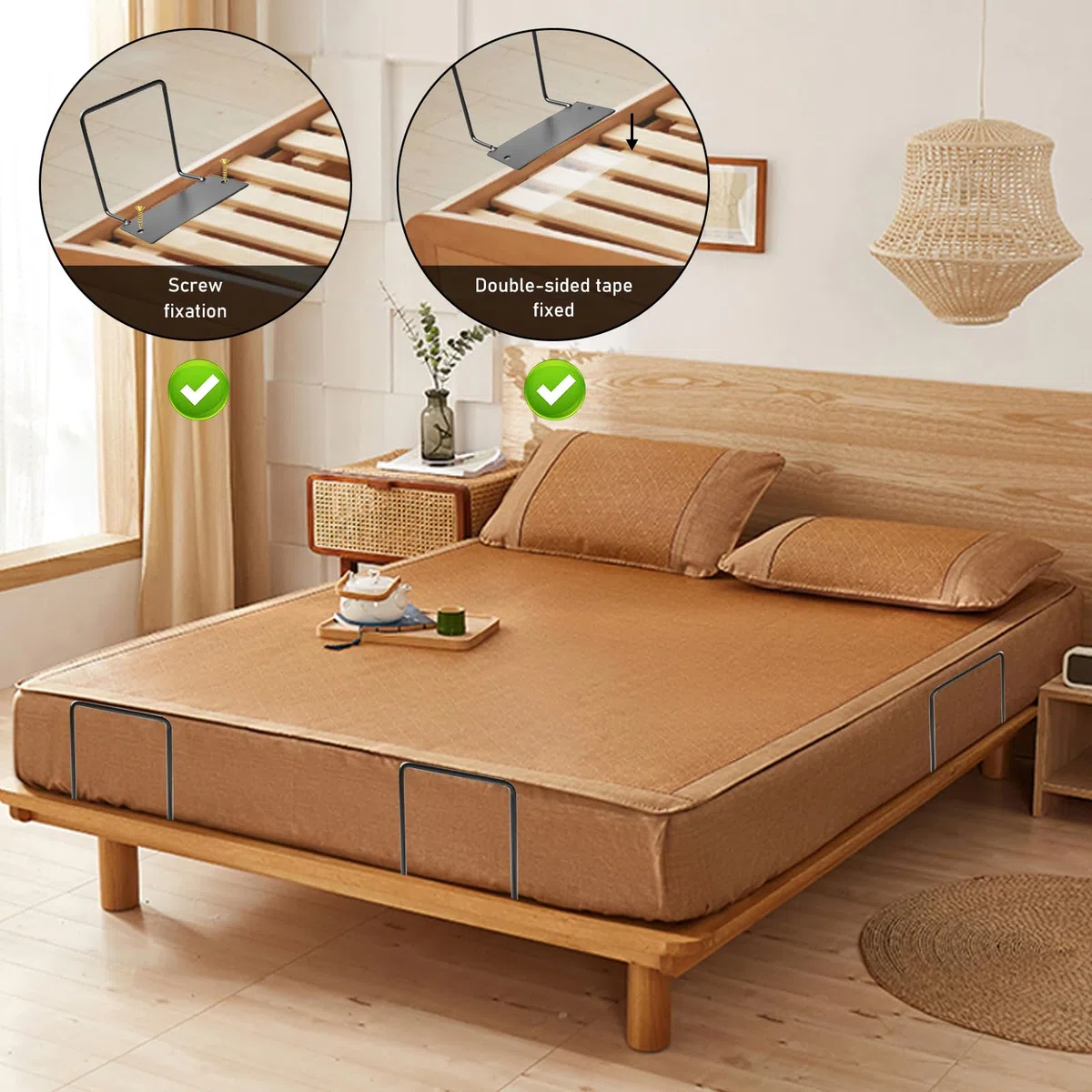 4 soportes para colchón antideslizamiento: soporte para colchón para marco de cama con cinta adhesiva de doble cara y tornillos, soporte para colchones, tope antideslizante para marco de cama