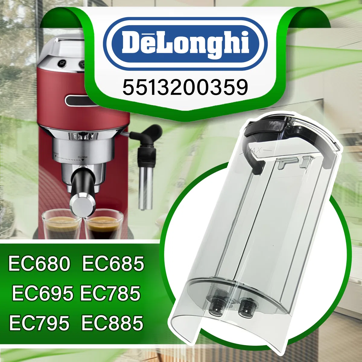 Deposito Agua para Cafetera con Código Original 5513200359 para DeLonghi Dedica C680 EC685 EC695 EC785 EC795 EC885 - Garantía 5 Años - ONIX TECH