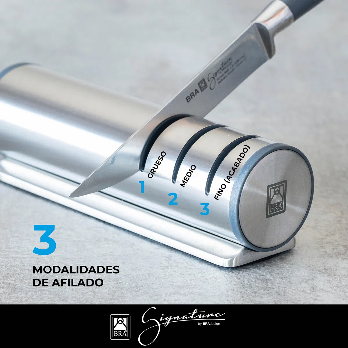 BRA Signature | Afilador de cuchillos, Acero Inoxidable 18/10, Sistema de tres ruedas, Alta Precisión