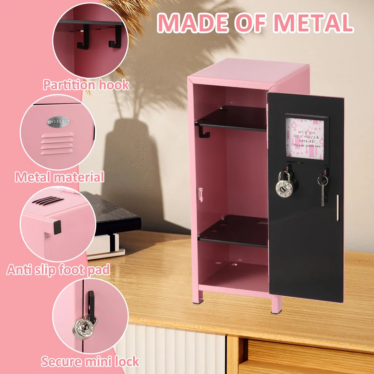 Mini armario con cerradura y llave, de metal roto, pequeño armario portátil, práctico armario de almacenamiento, con compartimentos para escritorio, niñas, niños (rosa)