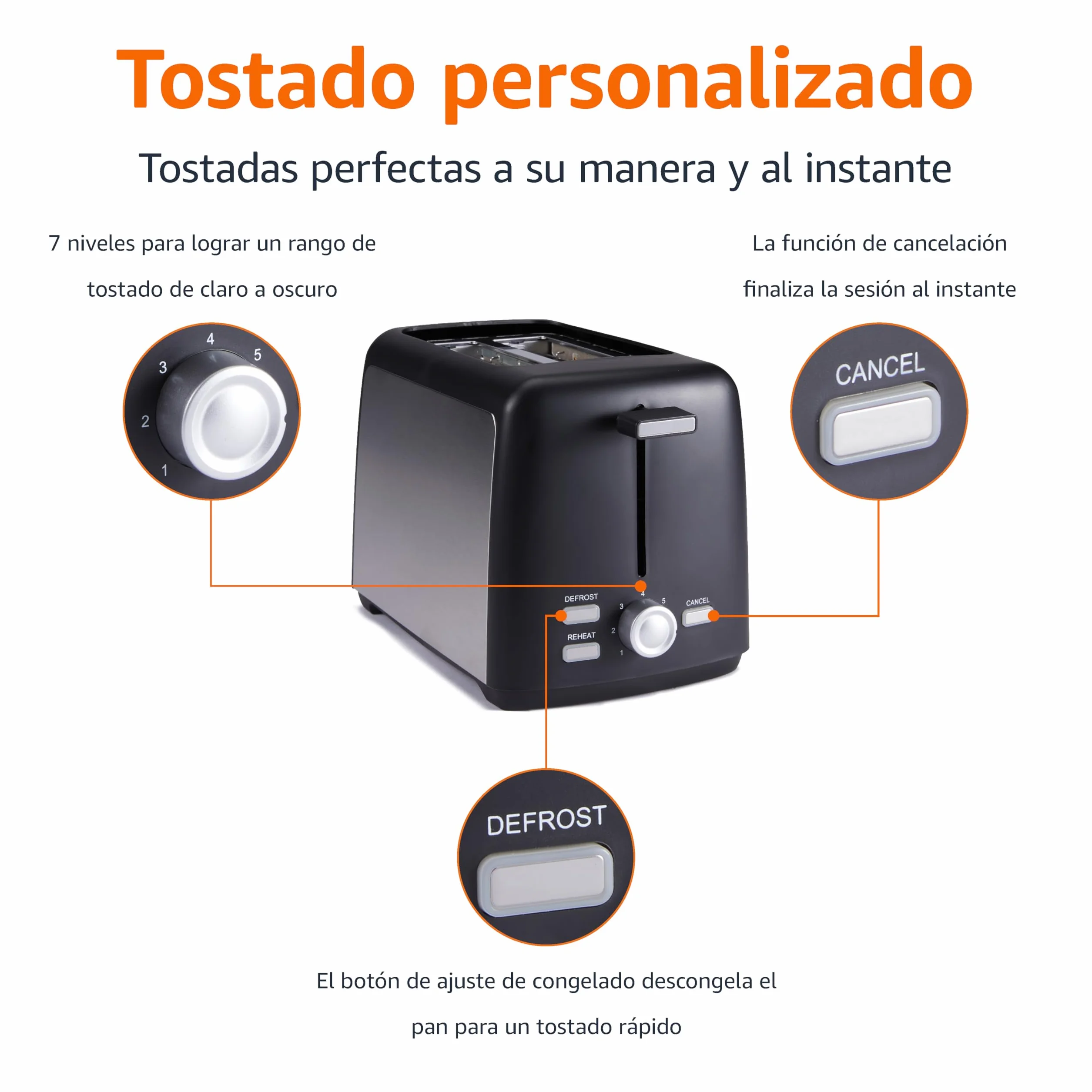 Amazon Basics Tostadora 2 Rebanadas con 7 Niveles de Tostado y Bandeja para Migas Extraíble, Ranuras Extra Anchas, 800W, Negro