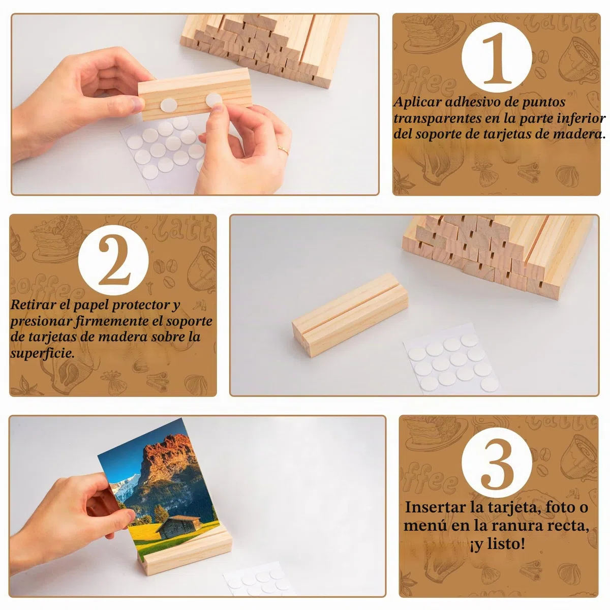 20 soportes para tarjetas de madera con ranura recta y adhesivo nano sin puntos, soporte para tarjetas de mesa, soporte para tarjetas de menú, soporte para tarjetas postales de madera de pino