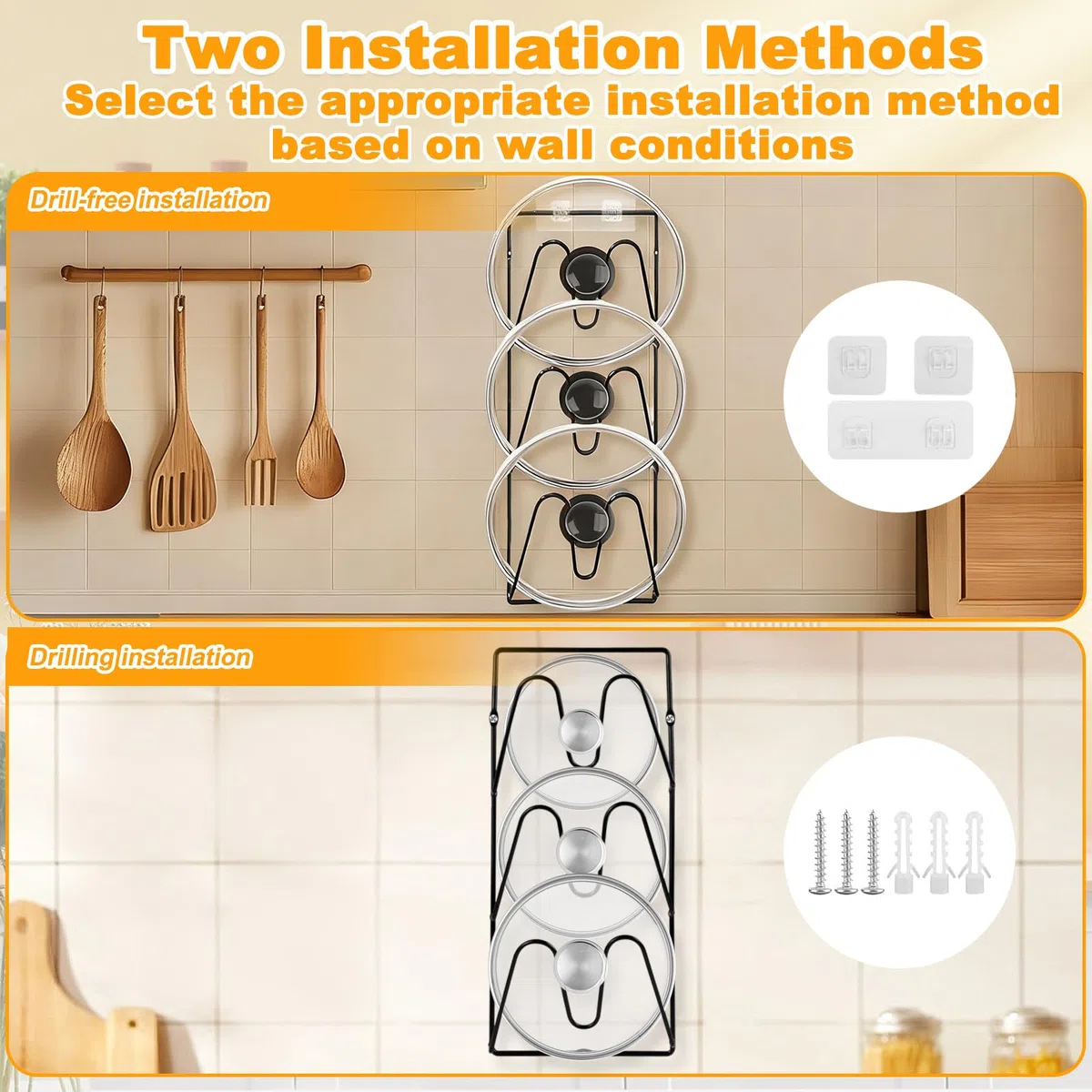 Juego de 2 Soporte Tapas Ollas Autoadhesivo con 3 Ranuras, Organizador Sartenes y Ollas Pared, Estante Almacenamiento Puerta Armario de Utilización Eficiente Espacio Cocina