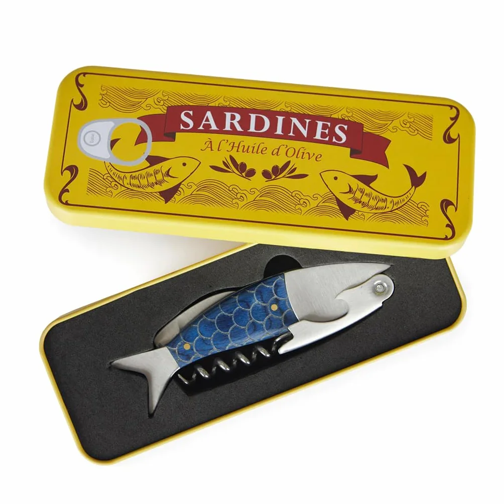 Balvi Sacacorchos Conserverie Sardines Color Azul Abrebotellas con Caja metálica Lata