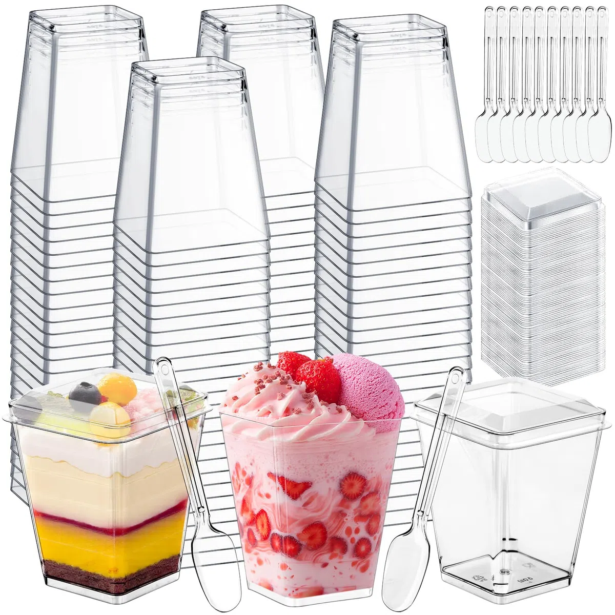 50 Vasos Postre con Cucharas,5OZ/160ML Vasos Postre Plástico Cuadrados,Reutilizables Copas Postre con Tapa,Transparentes Para Mousse Pudín Helado Buffet Fiesta Cumpleaños Picnic